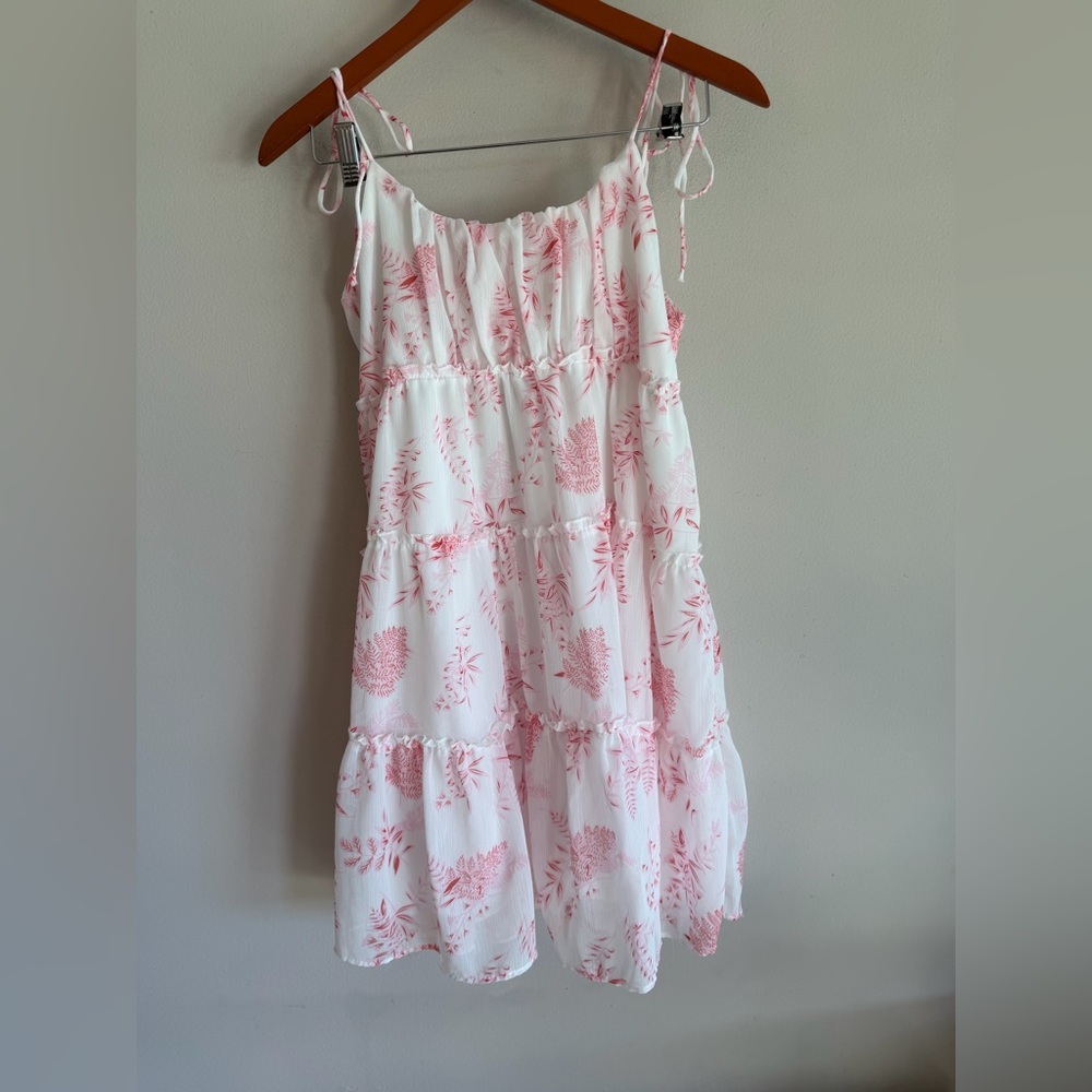 Pink White Floral Botanical Tiered‎ Mini Dress Tie Strap Smocked Back Small